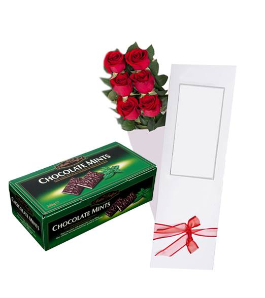 Caja con 06 Rosas ms Chocolate Mints Maitre Truffout 200 Grs