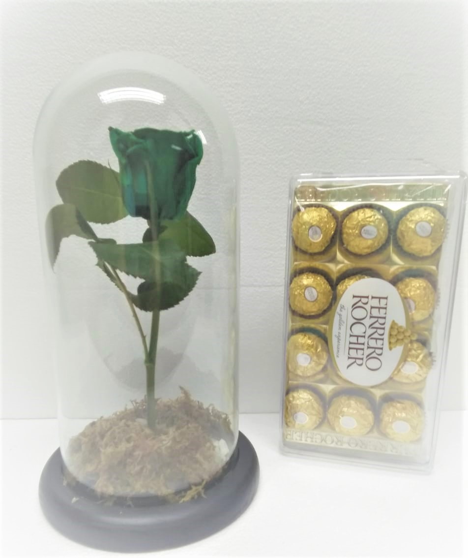  Rosa Preservada con tallo en Cúpula y Bombones Ferrero Rocher 150 grs