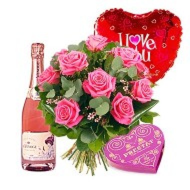 Bouquet de 12 Rosas ms Bombones corazon, Champaa 750 y Globito