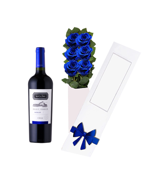 Caja 6 Rosas Azules + Vino 375 cc - Portalflores.cl