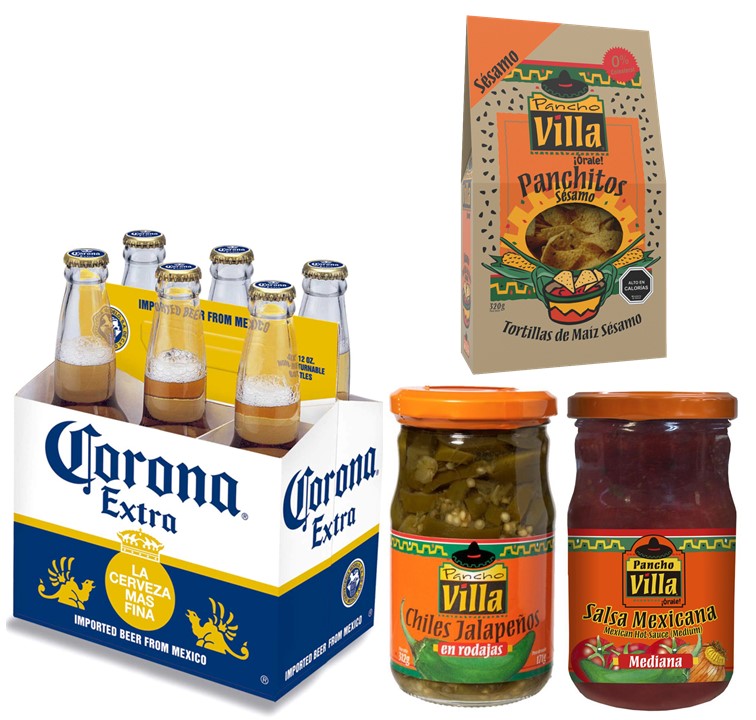 Cerveza Corona, Chiles Jalapeños, Tortillas y salsa Mexicana