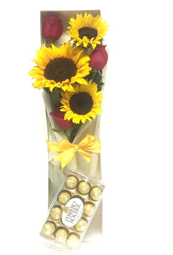 Caja de 3 Girasoles y 3 Rosas ecuatorianas más Bombones Ferrero Rocher 150  Grs 