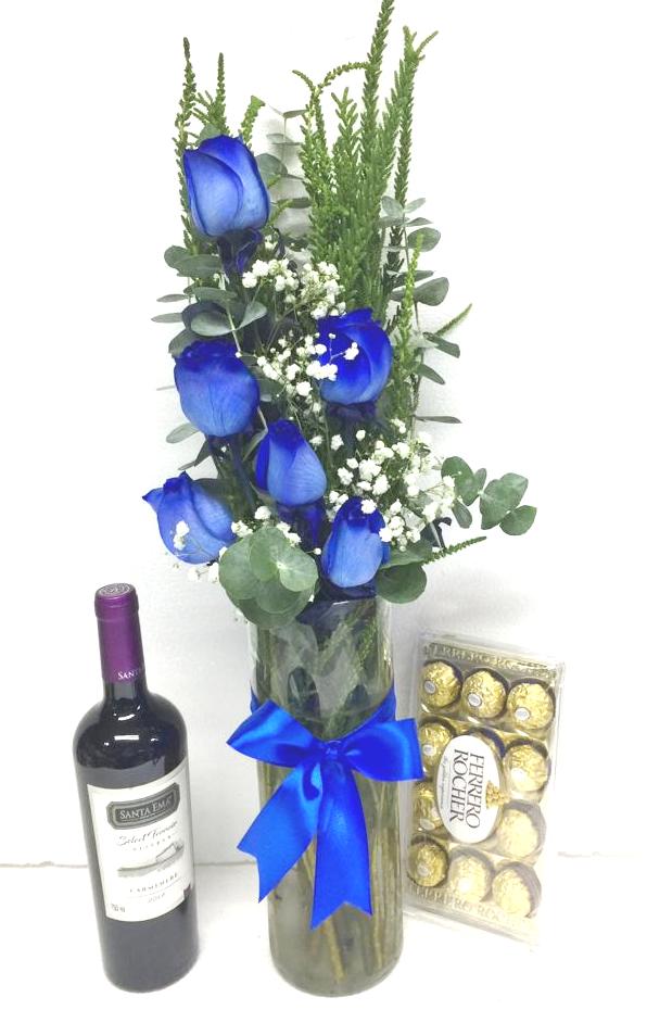 Florero en 6 Rosas Azules, Bombones Ferrero Rocher 150grs y Vino 750cc -  Portalflores.cl
