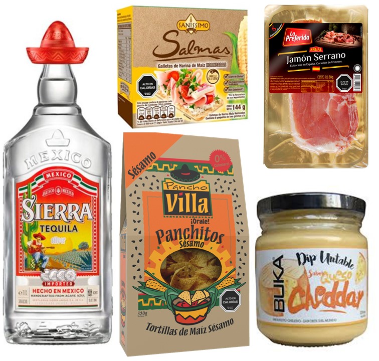 Tequila, Jamón Serrano, Tortillas de Maiz, Salsa y Galletas Saludables