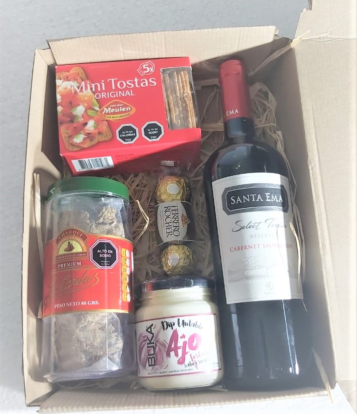 Caja con Vino, Tostadas, Salsa, Charqui y Bombones Ferrero Rocher